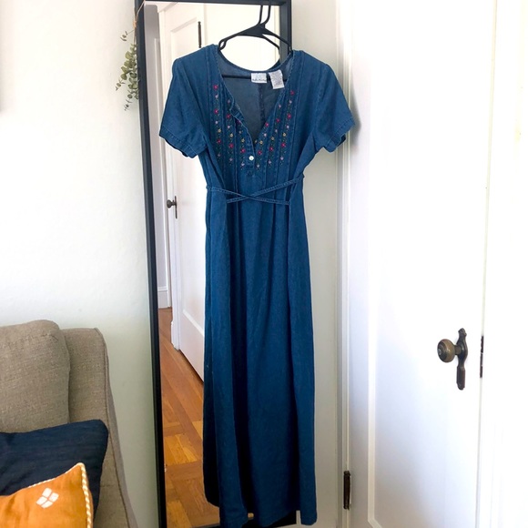 Denim Maxi Dress with Floral Embroidery - Picture 2 of 7